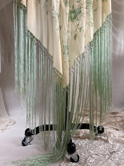 Antique 1920's Canton de Manila Shawl - Palaest Green Silk with Raised Floral Embroidery | 85x85 inches