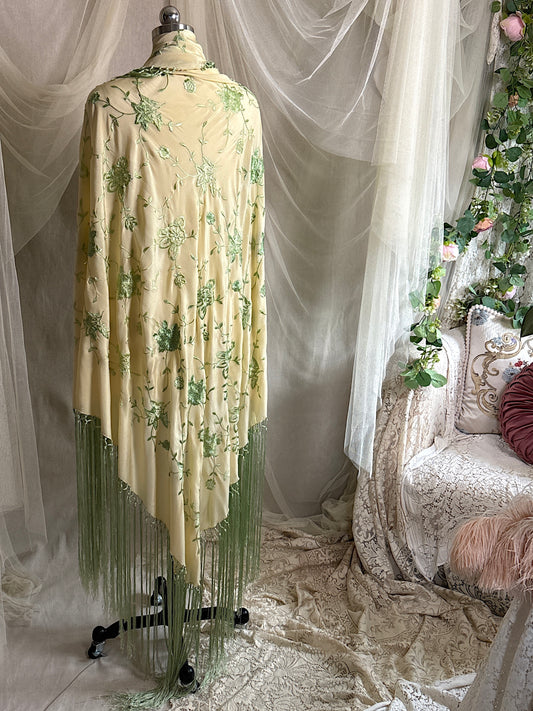 Antique 1920's Canton de Manila Shawl - Palaest Green Silk with Raised Floral Embroidery | 85x85 inches