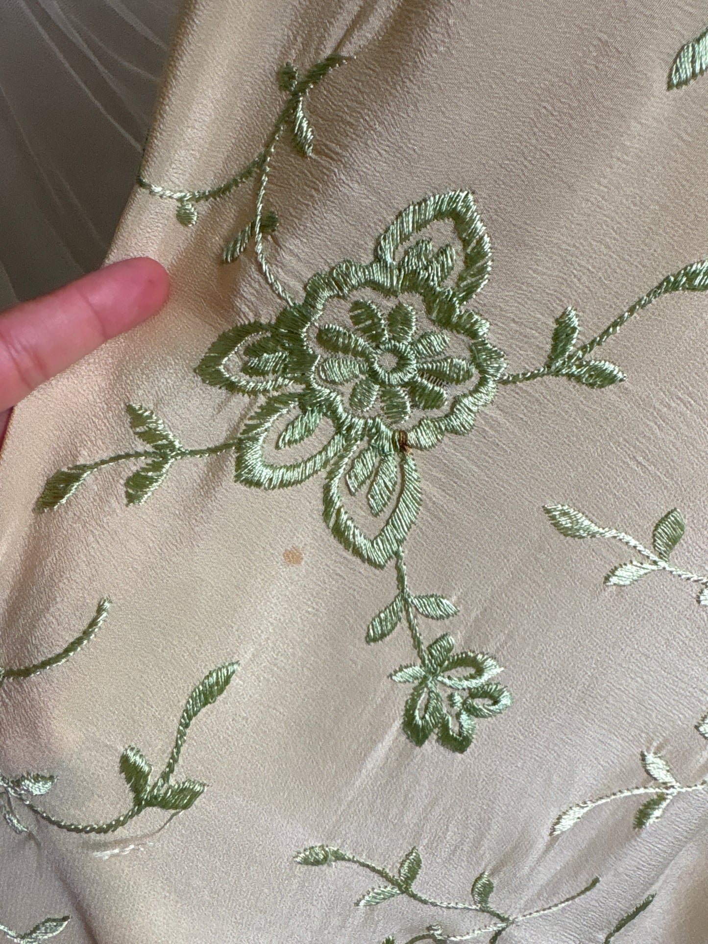Antique 1920's Canton de Manila Shawl - Palaest Green Silk with Raised Floral Embroidery | 85x85 inches