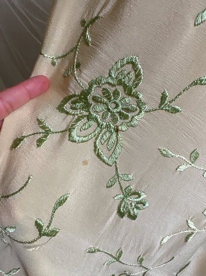 Antique 1920's Canton de Manila Shawl - Palaest Green Silk with Raised Floral Embroidery | 85x85 inches