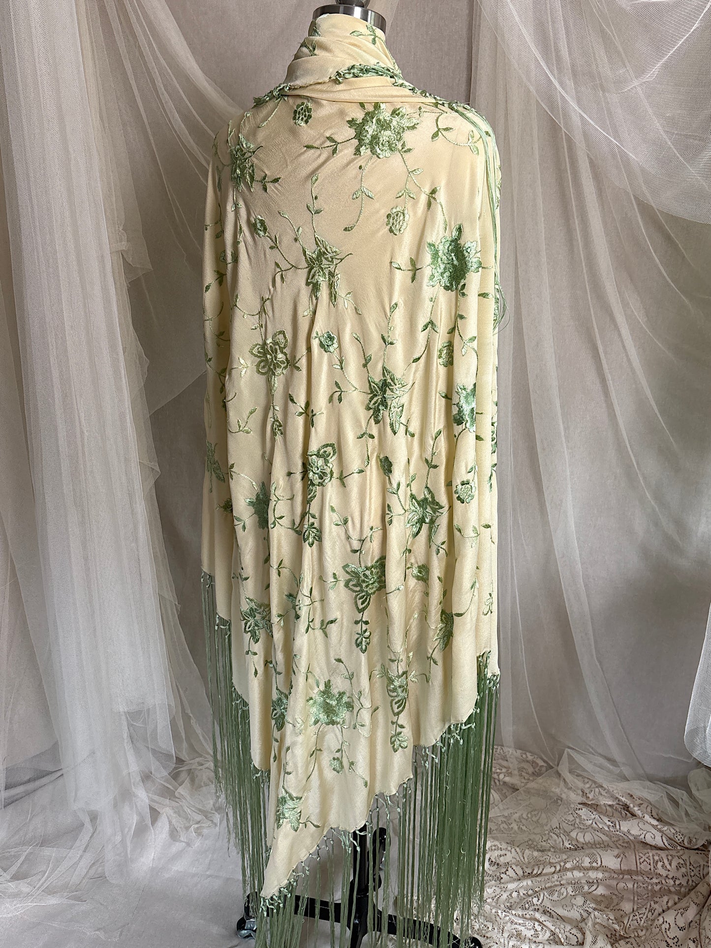 Antique 1920's Canton de Manila Shawl - Palaest Green Silk with Raised Floral Embroidery | 85x85 inches