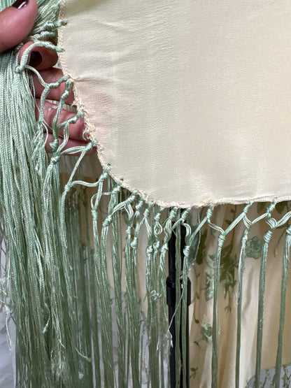 Antique 1920's Canton de Manila Shawl - Palaest Green Silk with Raised Floral Embroidery | 85x85 inches