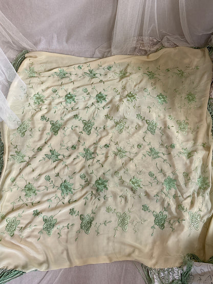 Antique 1920's Canton de Manila Shawl - Palaest Green Silk with Raised Floral Embroidery | 85x85 inches