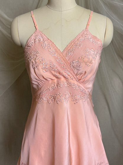 Vintage 1930's Teddy Chemise - Hand Stitched Blush Pink Silk with Raised Floral Embroidery by HWA Sun | XS