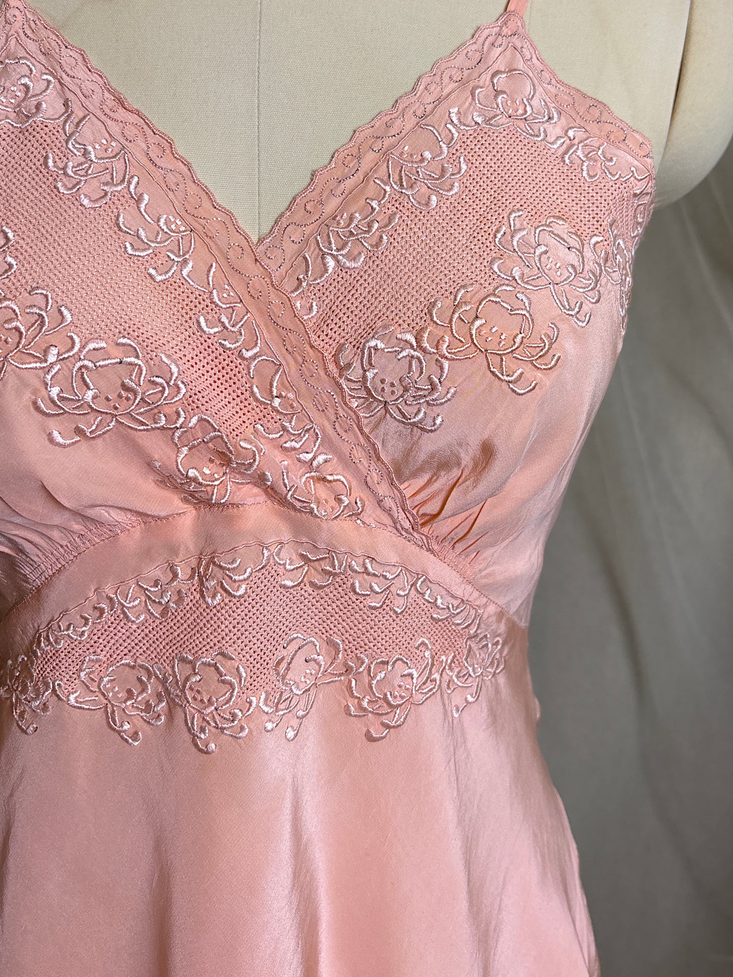 Vintage 1930's Teddy Chemise - Hand Stitched Blush Pink Silk with Raised Floral Embroidery by HWA Sun | XS