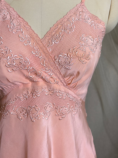 Vintage 1930's Teddy Chemise - Hand Stitched Blush Pink Silk with Raised Floral Embroidery by HWA Sun | XS