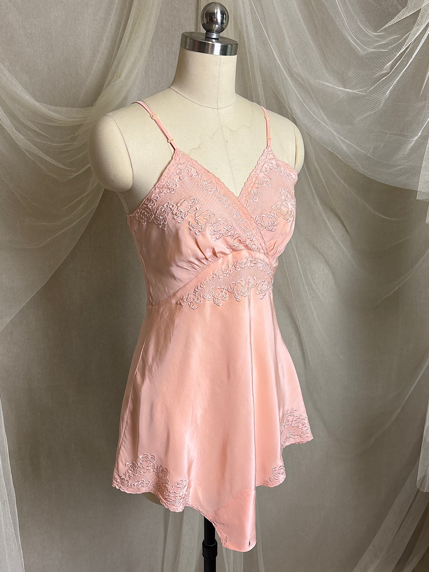 Vintage 1930's Teddy Chemise - Hand Stitched Blush Pink Silk with Raised Floral Embroidery by HWA Sun | XS
