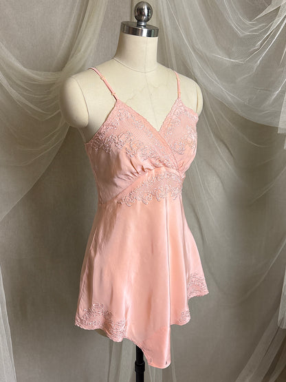 Vintage 1930's Teddy Chemise - Hand Stitched Blush Pink Silk with Raised Floral Embroidery by HWA Sun | XS