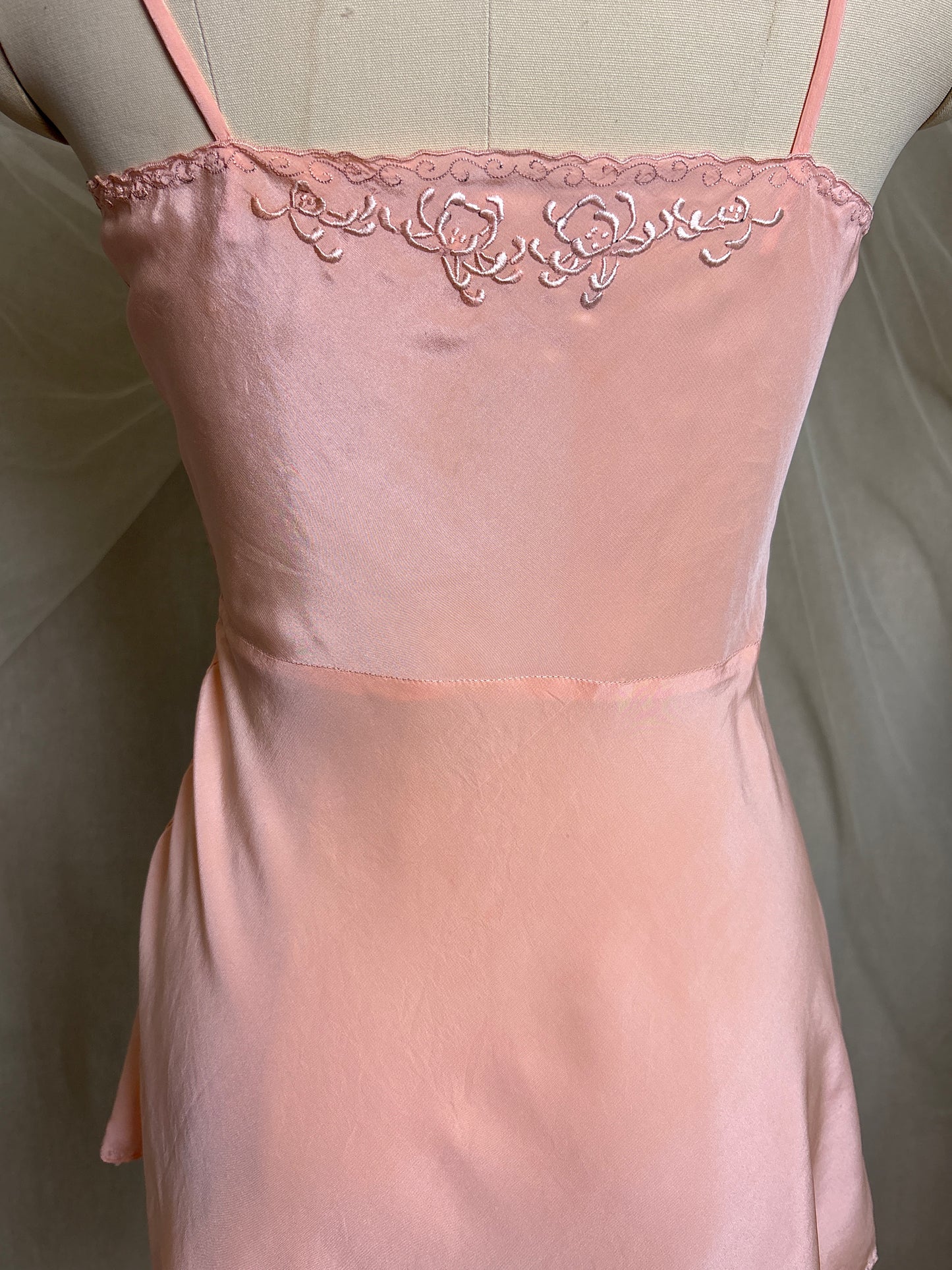 Vintage 1930's Teddy Chemise - Hand Stitched Blush Pink Silk with Raised Floral Embroidery by HWA Sun | XS