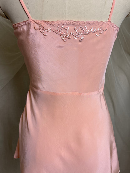 Vintage 1930's Teddy Chemise - Hand Stitched Blush Pink Silk with Raised Floral Embroidery by HWA Sun | XS