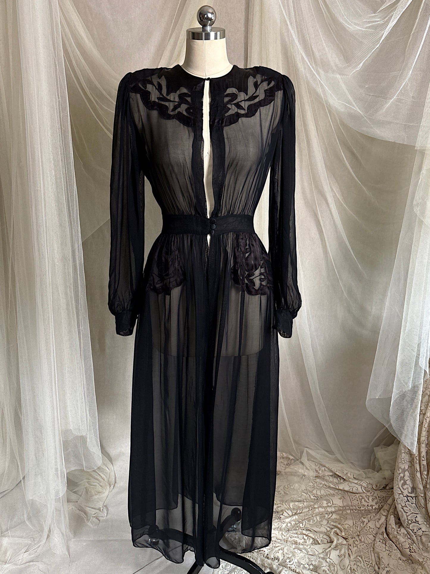 Vintage 1940's Dressing Gown - Sheer Black Rayon Chiffon with Satin Appliqués | S
