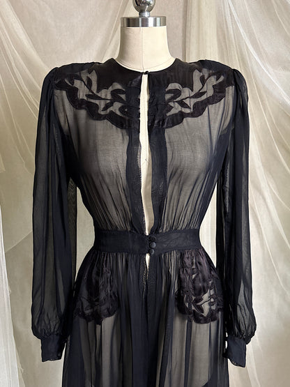 Vintage 1940's Dressing Gown - Sheer Black Rayon Chiffon with Satin Appliqués | S