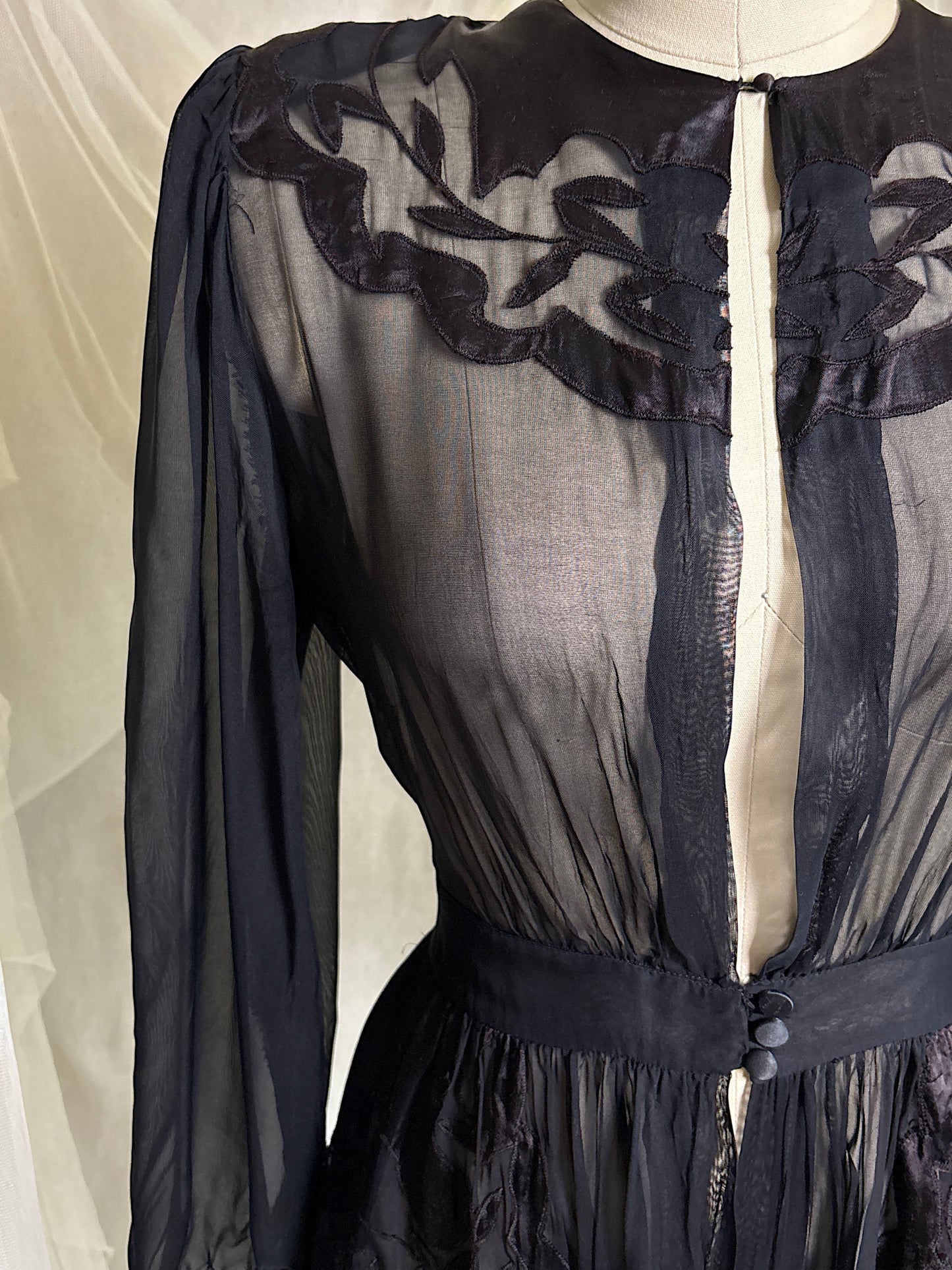 Vintage 1940's Dressing Gown - Sheer Black Rayon Chiffon with Satin Appliqués | S