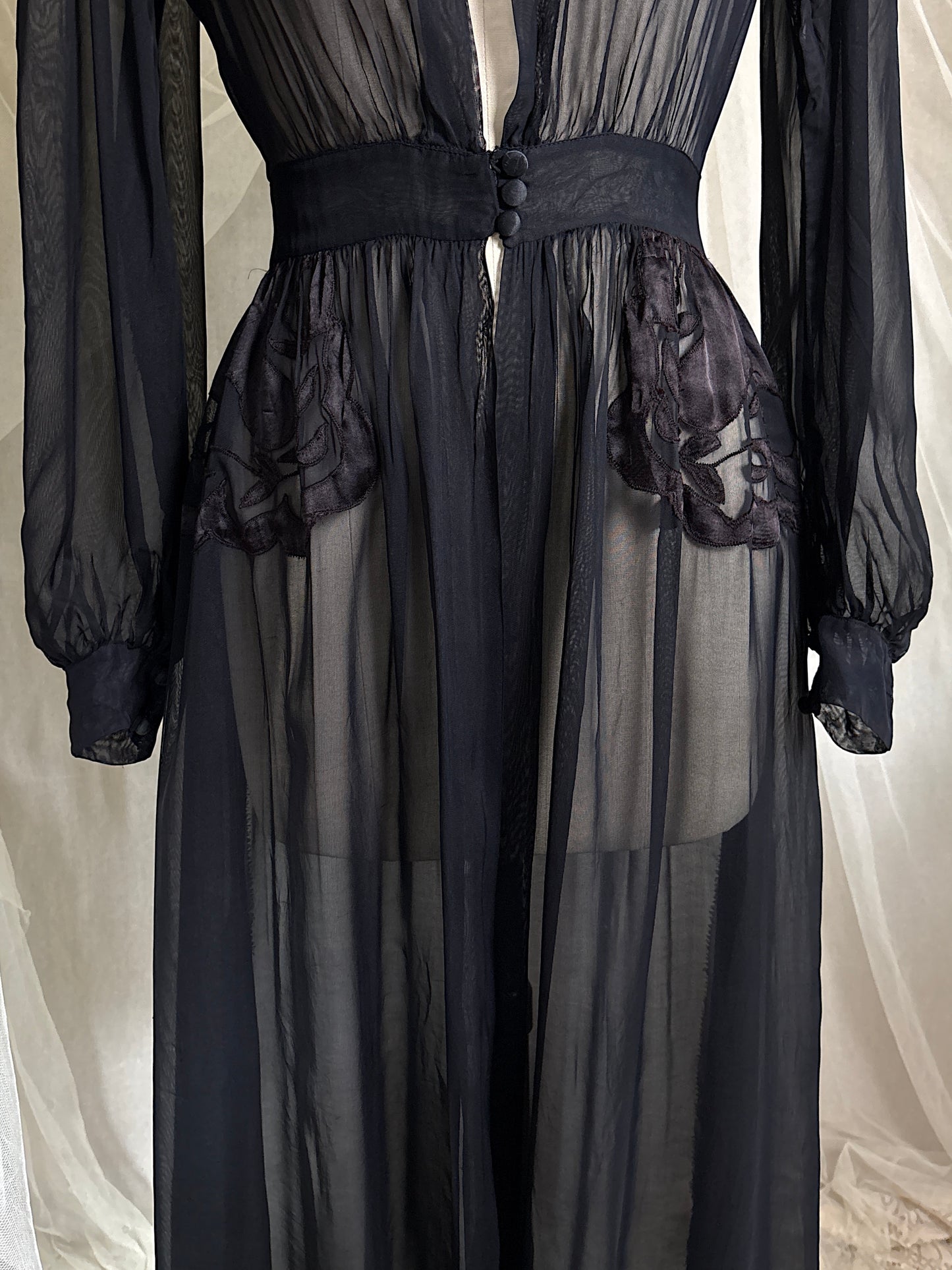 Vintage 1940's Dressing Gown - Sheer Black Rayon Chiffon with Satin Appliqués | S