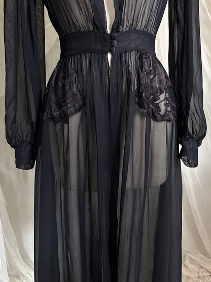 Vintage 1940's Dressing Gown - Sheer Black Rayon Chiffon with Satin Appliqués | S