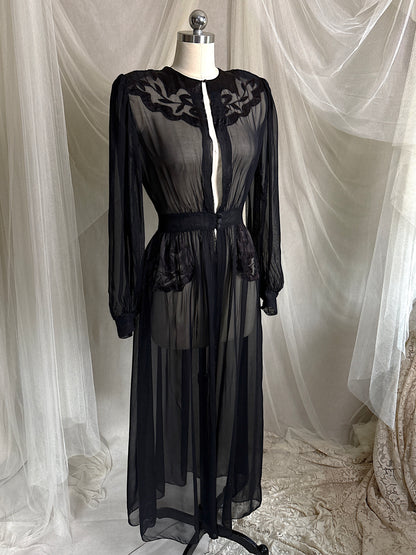Vintage 1940's Dressing Gown - Sheer Black Rayon Chiffon with Satin Appliqués | S