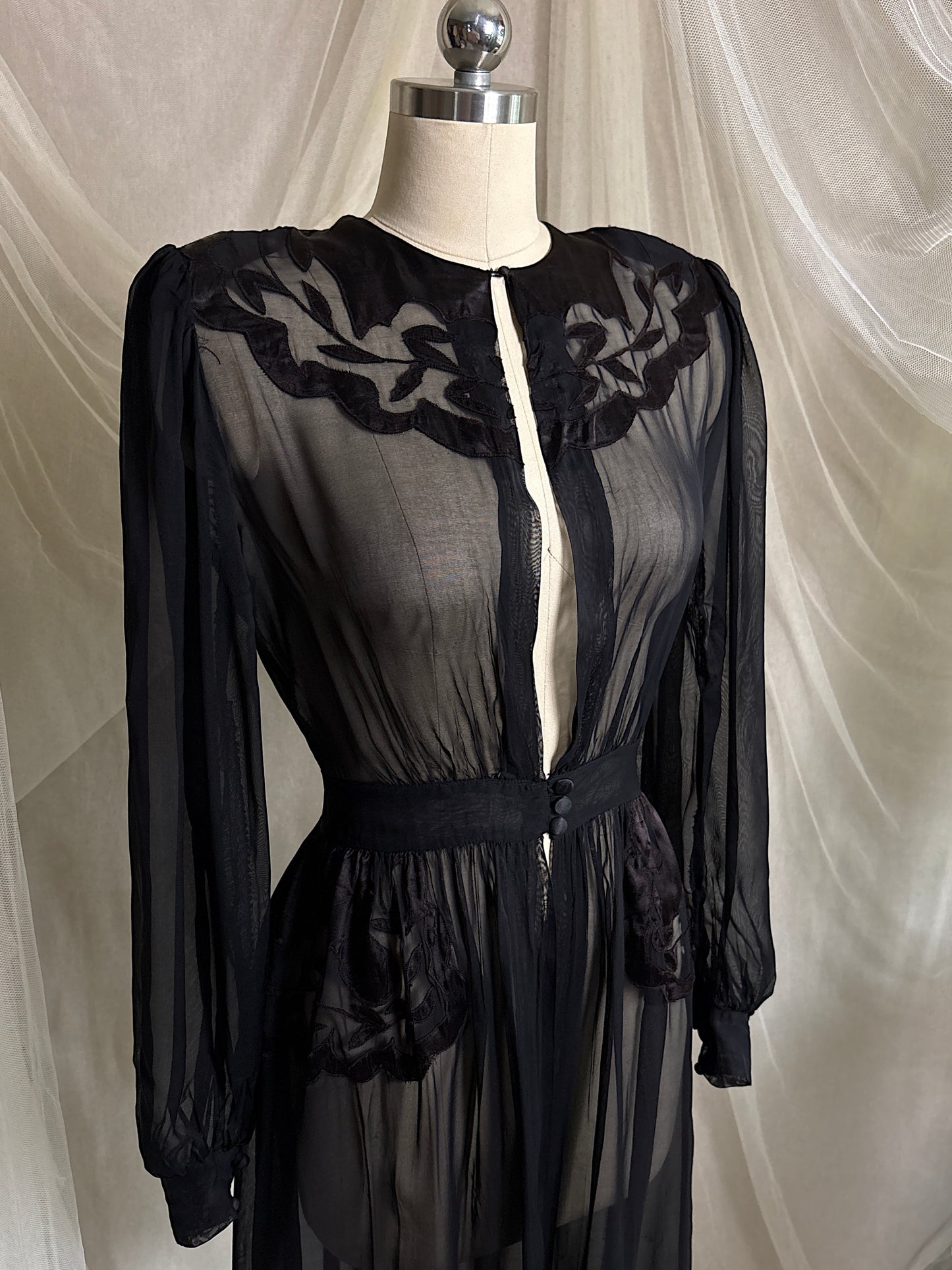 Vintage 1940's Dressing Gown - Sheer Black Rayon Chiffon with Satin Appliqués | S