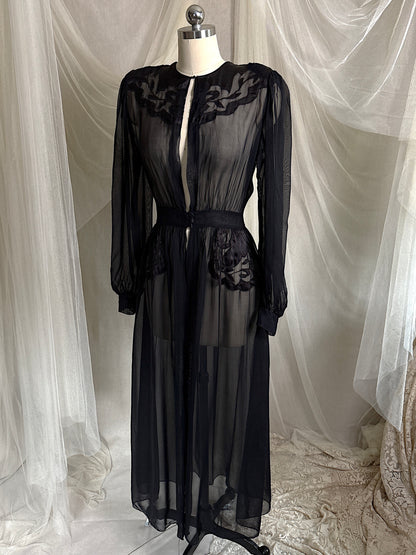 Vintage 1940's Dressing Gown - Sheer Black Rayon Chiffon with Satin Appliqués | S