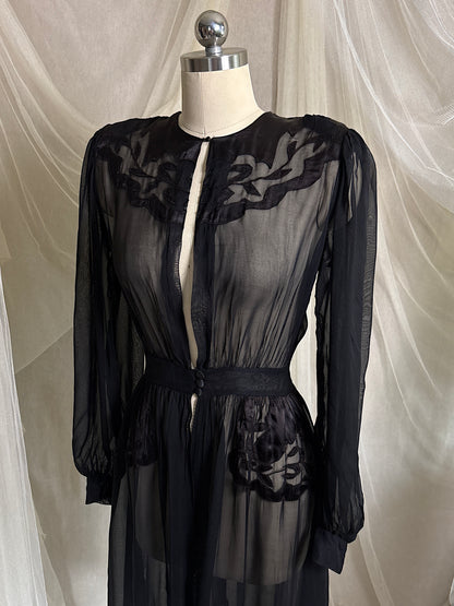 Vintage 1940's Dressing Gown - Sheer Black Rayon Chiffon with Satin Appliqués | S