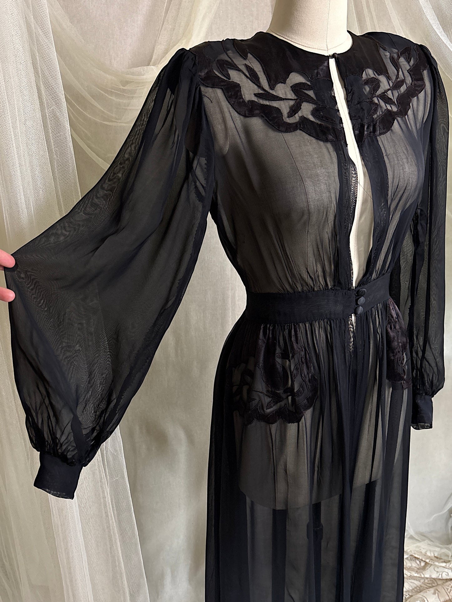 Vintage 1940's Dressing Gown - Sheer Black Rayon Chiffon with Satin Appliqués | S