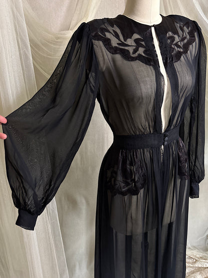 Vintage 1940's Dressing Gown - Sheer Black Rayon Chiffon with Satin Appliqués | S