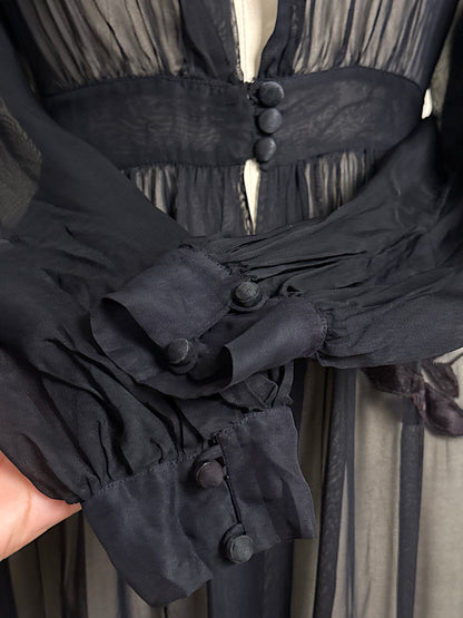 Vintage 1940's Dressing Gown - Sheer Black Rayon Chiffon with Satin Appliqués | S