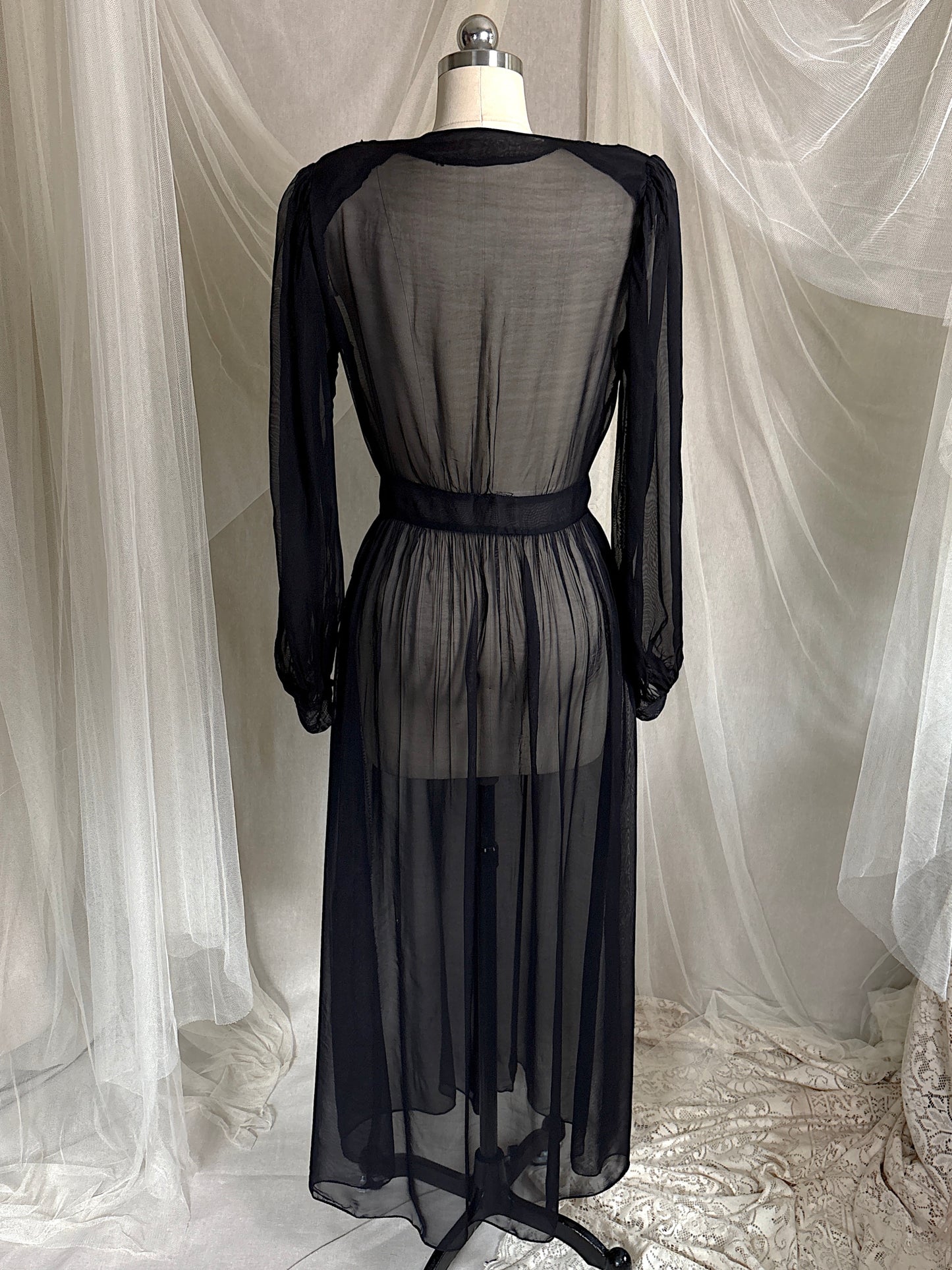 Vintage 1940's Dressing Gown - Sheer Black Rayon Chiffon with Satin Appliqués | S
