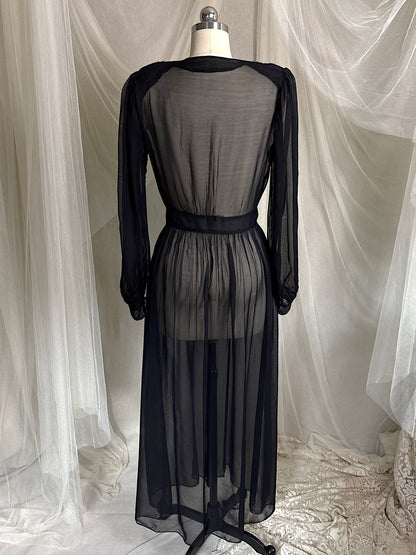 Vintage 1940's Dressing Gown - Sheer Black Rayon Chiffon with Satin Appliqués | S