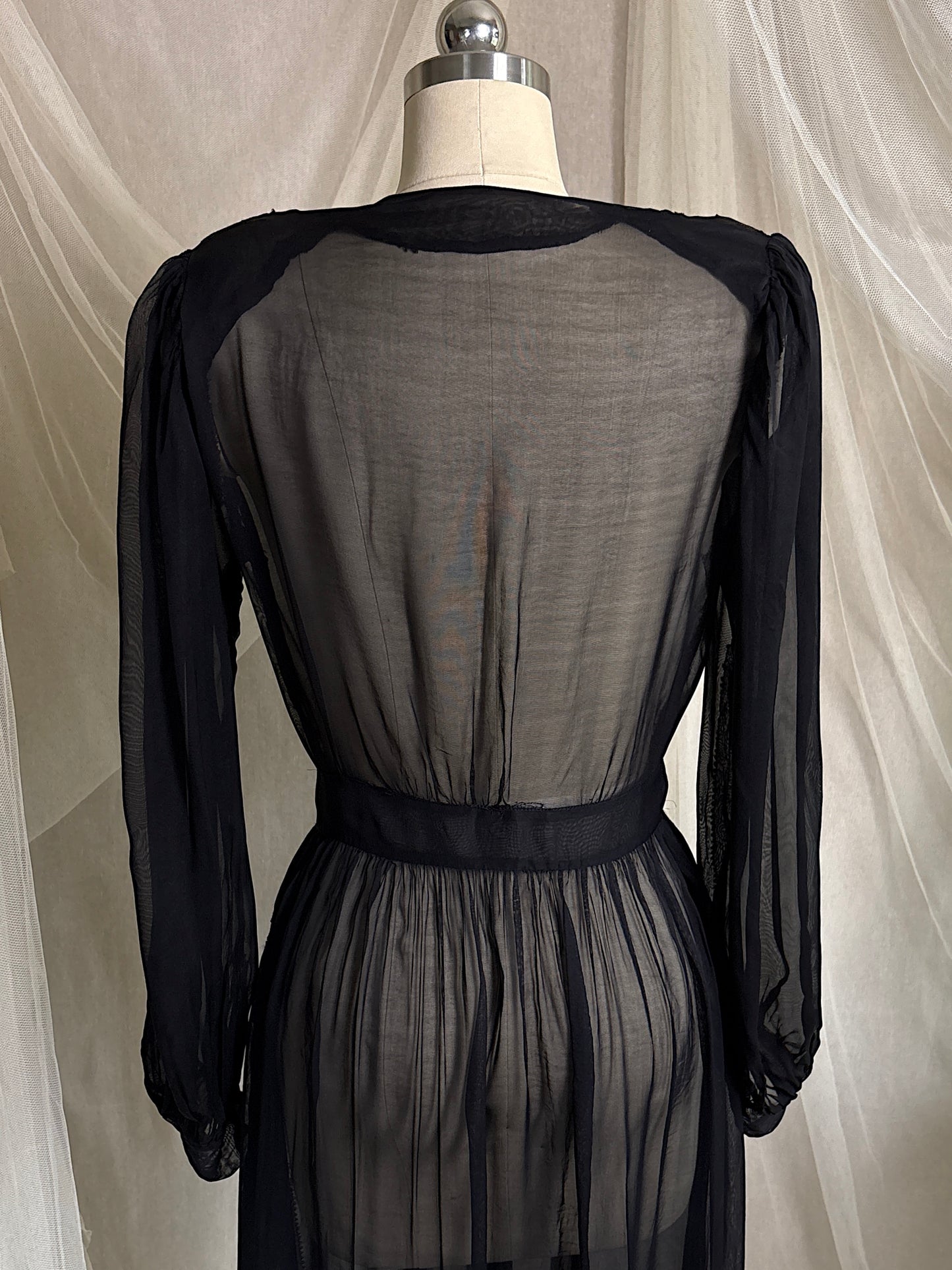 Vintage 1940's Dressing Gown - Sheer Black Rayon Chiffon with Satin Appliqués | S