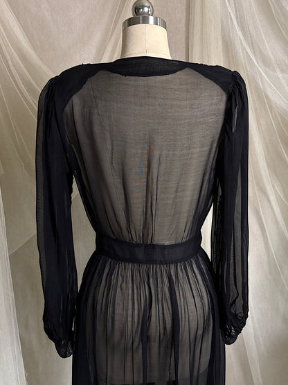 Vintage 1940's Dressing Gown - Sheer Black Rayon Chiffon with Satin Appliqués | S