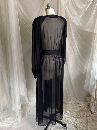 Vintage 1940's Dressing Gown - Sheer Black Rayon Chiffon with Satin Appliqués | S