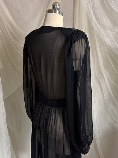 Vintage 1940's Dressing Gown - Sheer Black Rayon Chiffon with Satin Appliqués | S