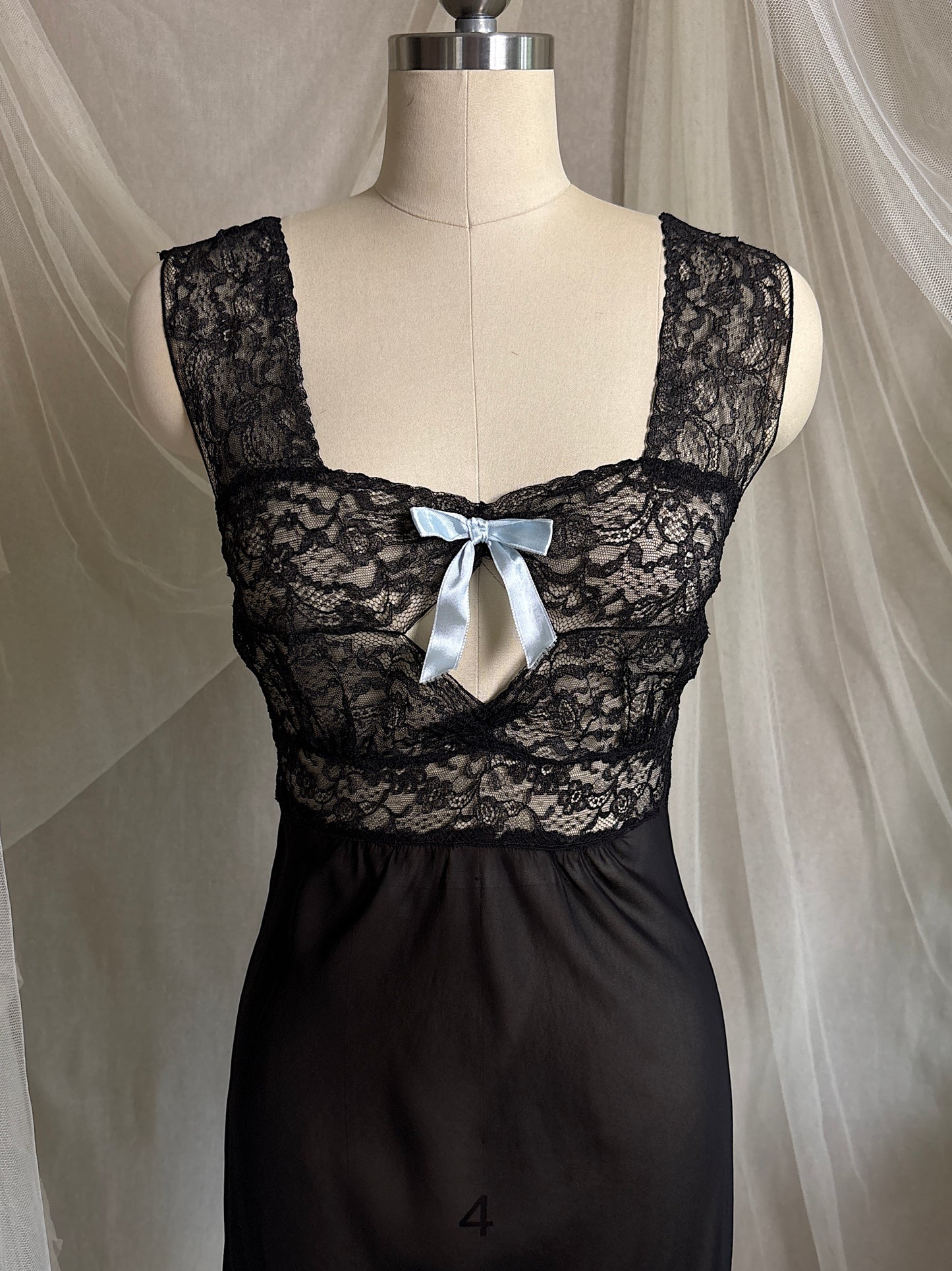 Vintage 1940's Nightgown - Sheer Black Rayon Chiffon with Diamond Keyhole | S
