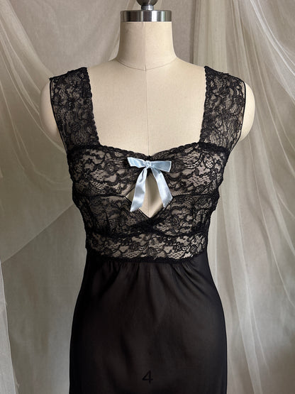Vintage 1940's Nightgown - Sheer Black Rayon Chiffon with Diamond Keyhole | S