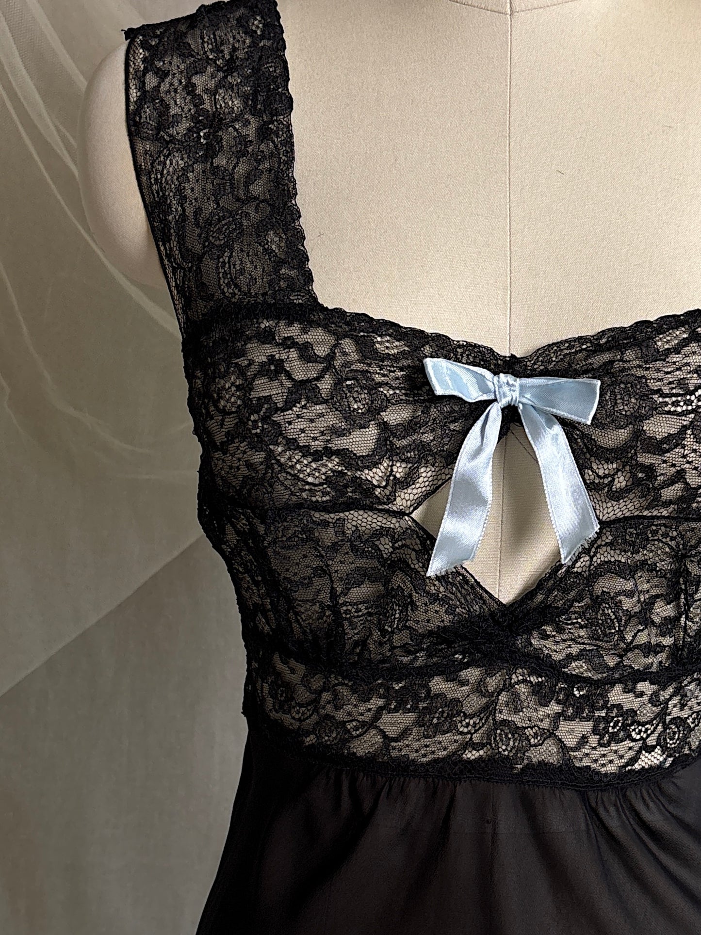 Vintage 1940's Nightgown - Sheer Black Rayon Chiffon with Diamond Keyhole | S