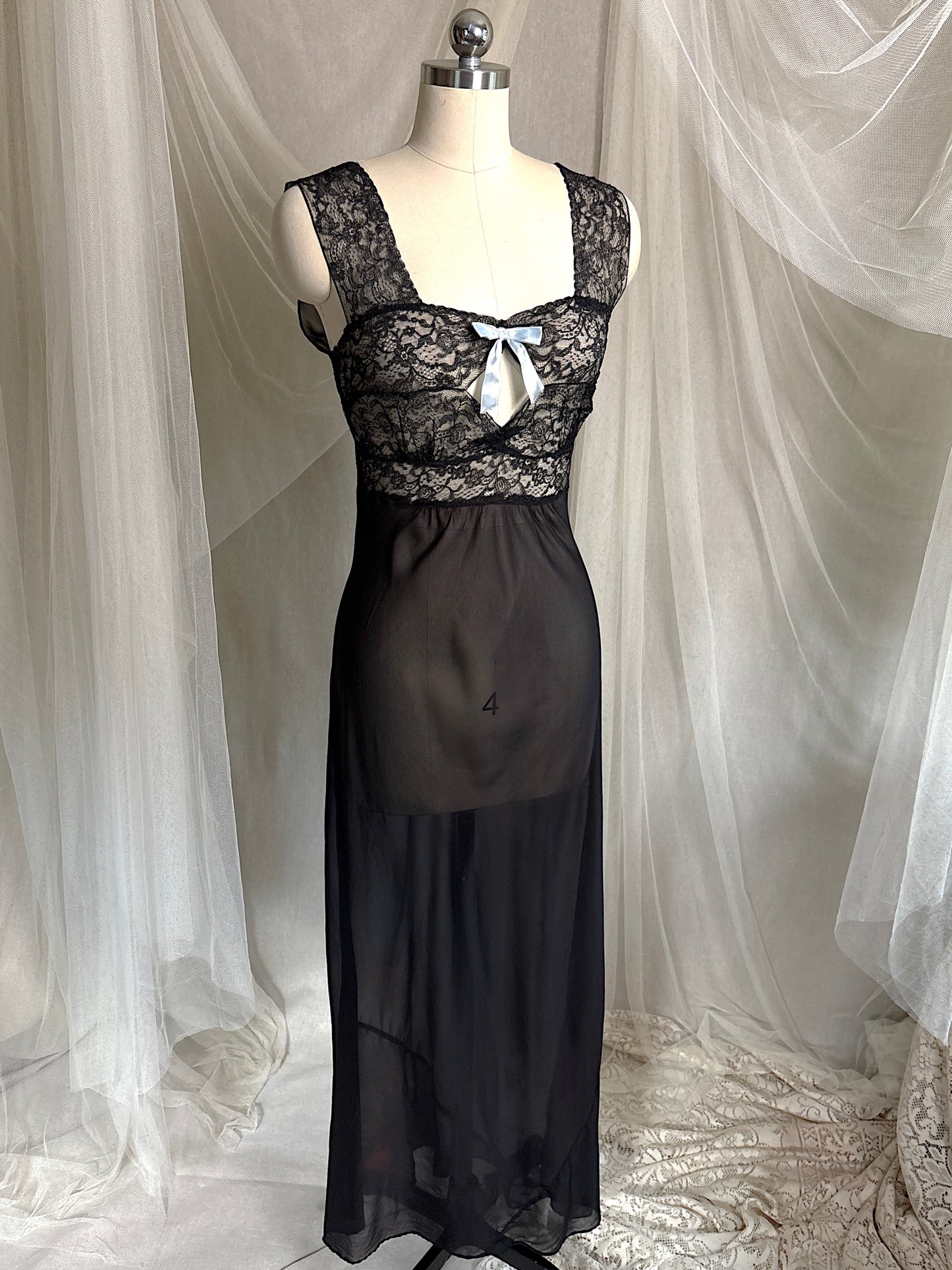 Vintage 1940's Nightgown - Sheer Black Rayon Chiffon with Diamond Keyhole | S