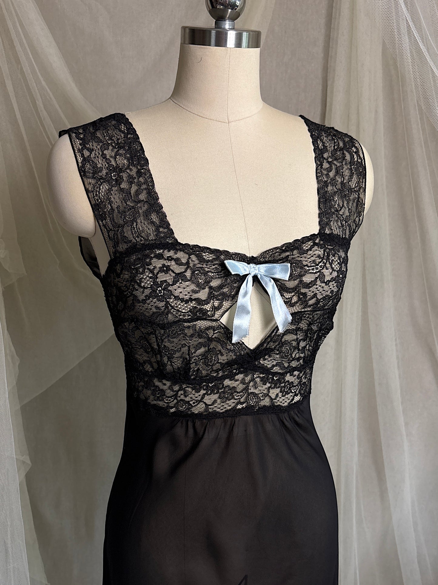 Vintage 1940's Nightgown - Sheer Black Rayon Chiffon with Diamond Keyhole | S