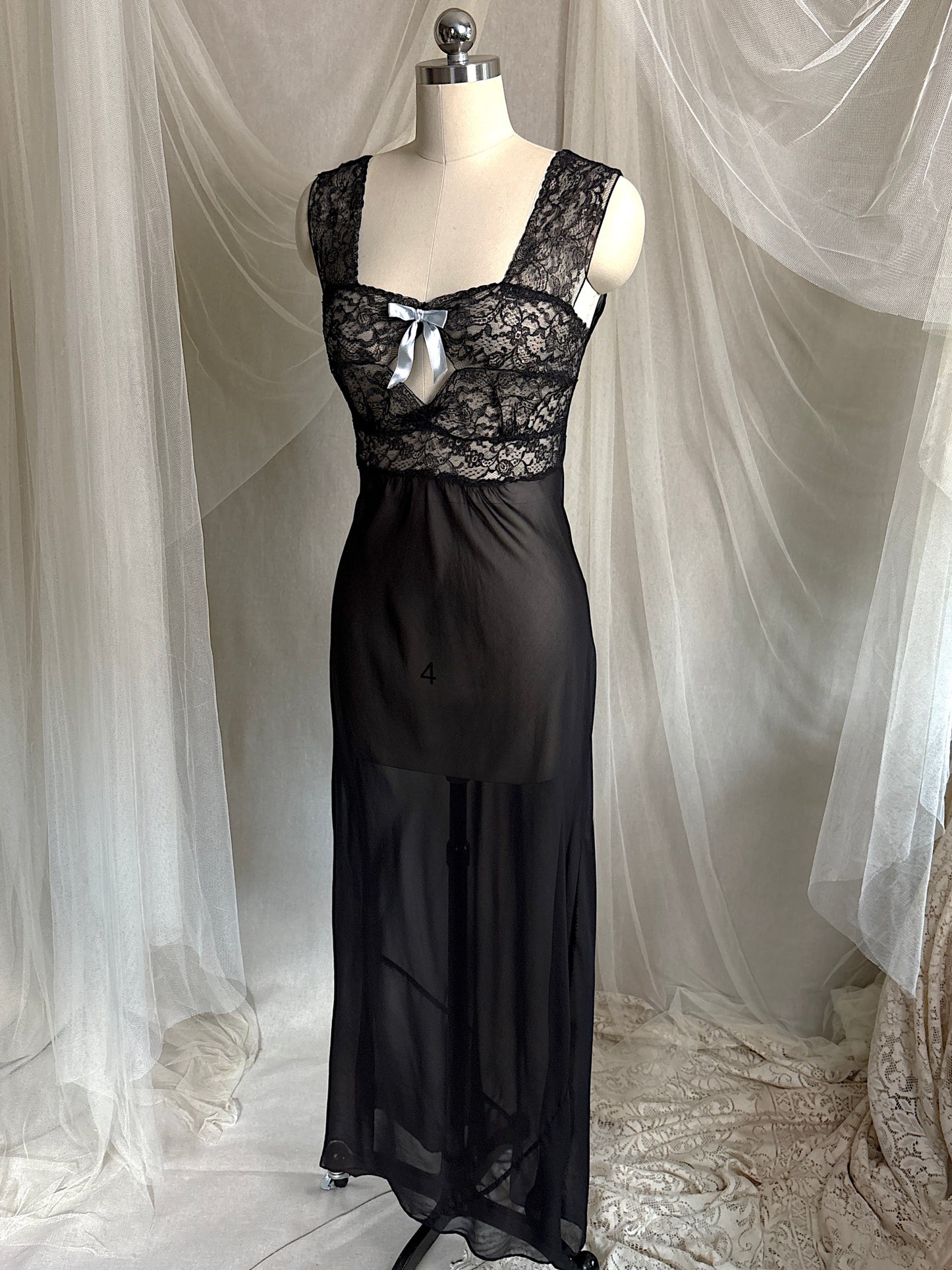 Vintage 1940's Nightgown - Sheer Black Rayon Chiffon with Diamond Keyhole | S