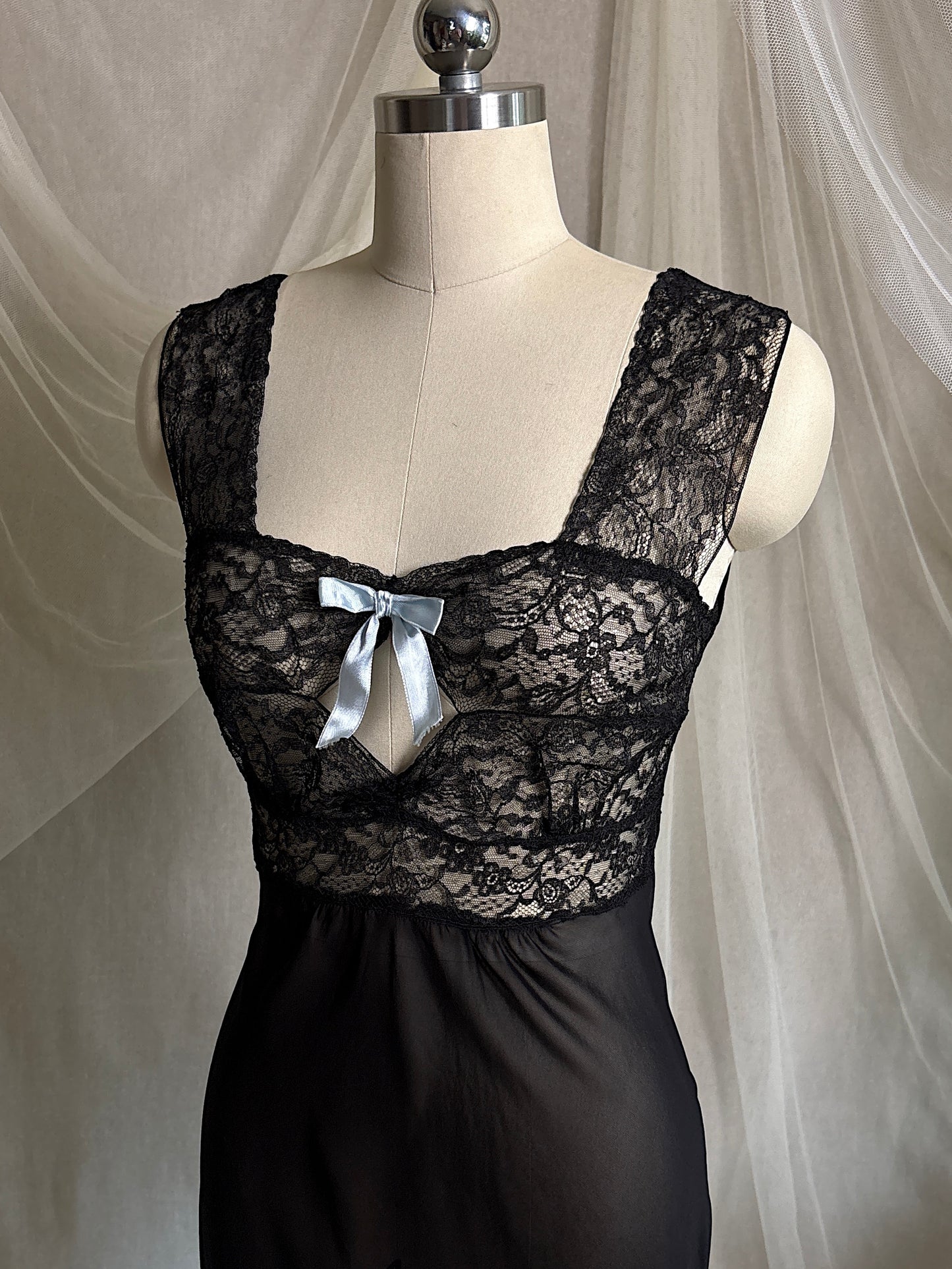 Vintage 1940's Nightgown - Sheer Black Rayon Chiffon with Diamond Keyhole | S