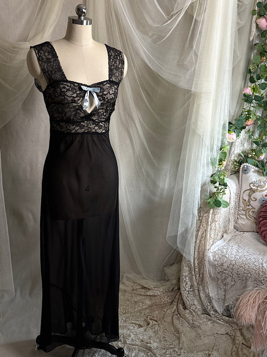Vintage 1940's Nightgown - Sheer Black Rayon Chiffon with Diamond Keyhole | S
