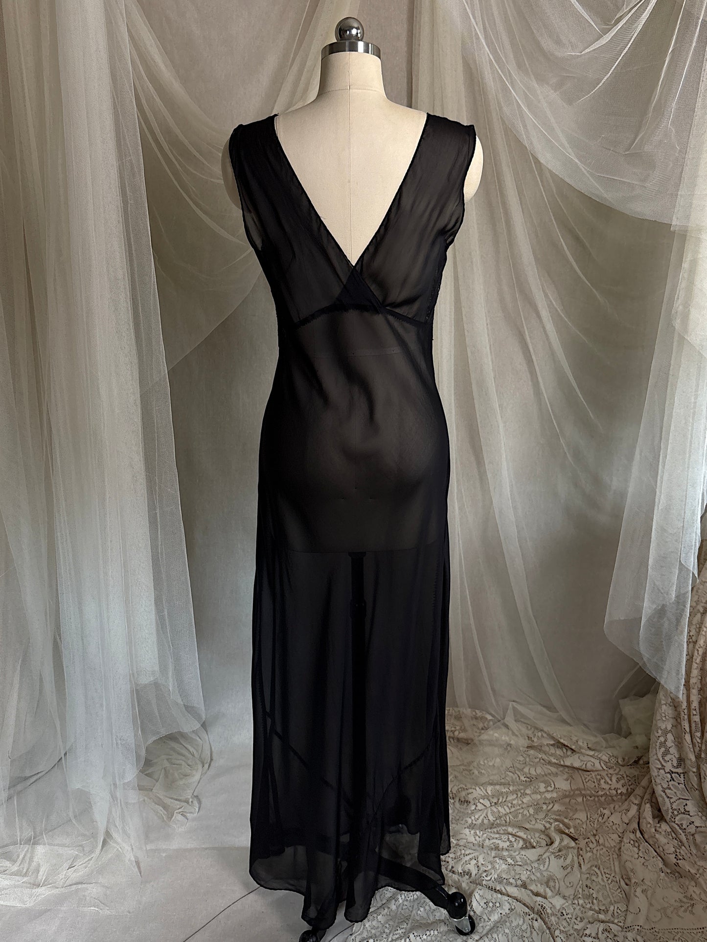 Vintage 1940's Nightgown - Sheer Black Rayon Chiffon with Diamond Keyhole | S