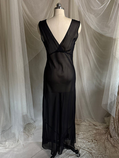 Vintage 1940's Nightgown - Sheer Black Rayon Chiffon with Diamond Keyhole | S