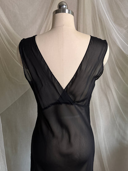 Vintage 1940's Nightgown - Sheer Black Rayon Chiffon with Diamond Keyhole | S