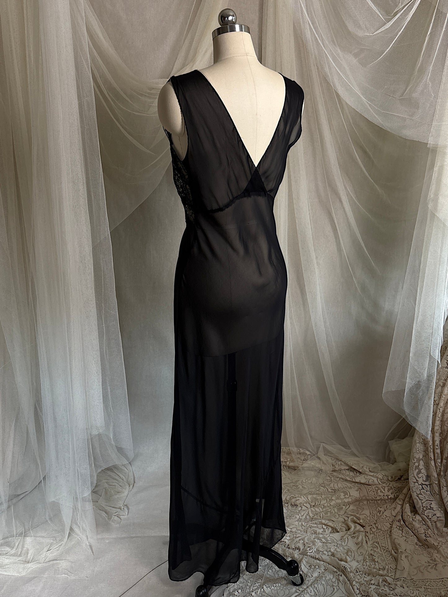 Vintage 1940's Nightgown - Sheer Black Rayon Chiffon with Diamond Keyhole | S