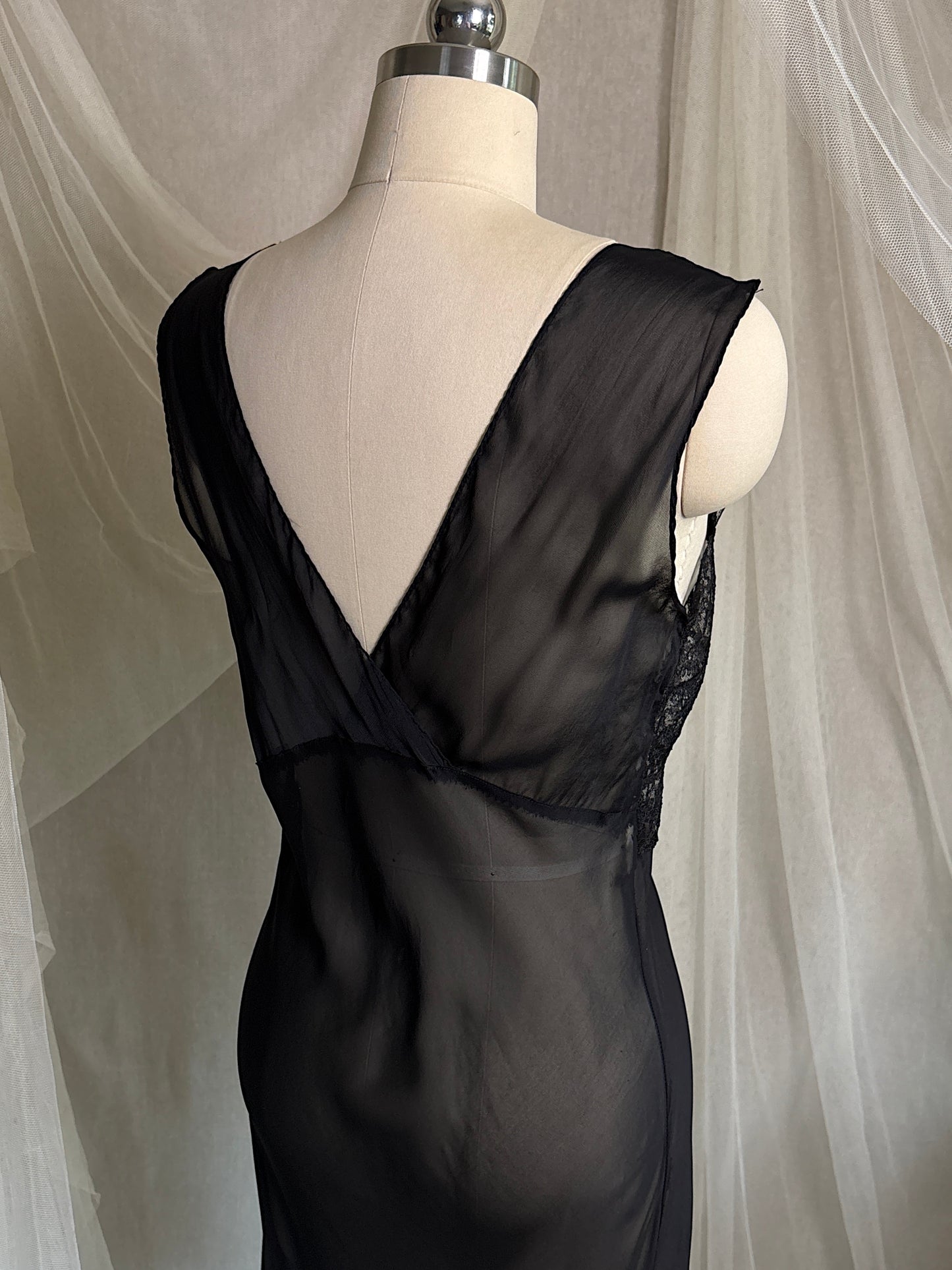 Vintage 1940's Nightgown - Sheer Black Rayon Chiffon with Diamond Keyhole | S