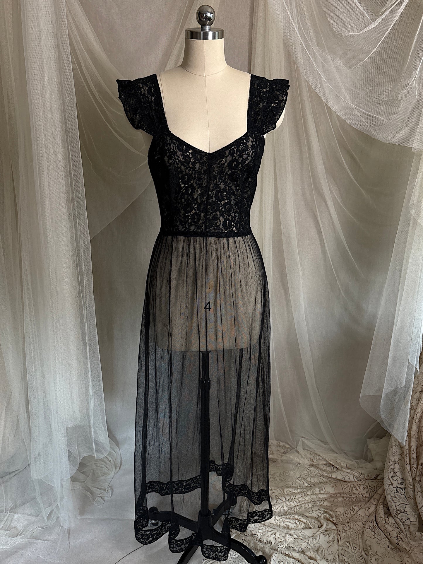 Vintage 1940's Nightgown - Sheer Black Cotton Tulle with Floral Lace & Button Back Closure by Beau Monde | XS, S