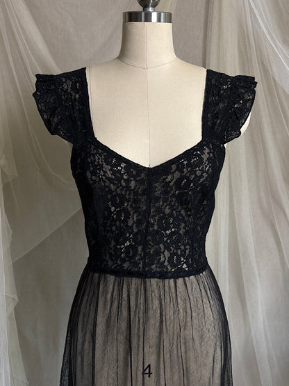 Vintage 1940's Nightgown - Sheer Black Cotton Tulle with Floral Lace & Button Back Closure by Beau Monde | XS, S