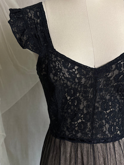 Vintage 1940's Nightgown - Sheer Black Cotton Tulle with Floral Lace & Button Back Closure by Beau Monde | XS, S