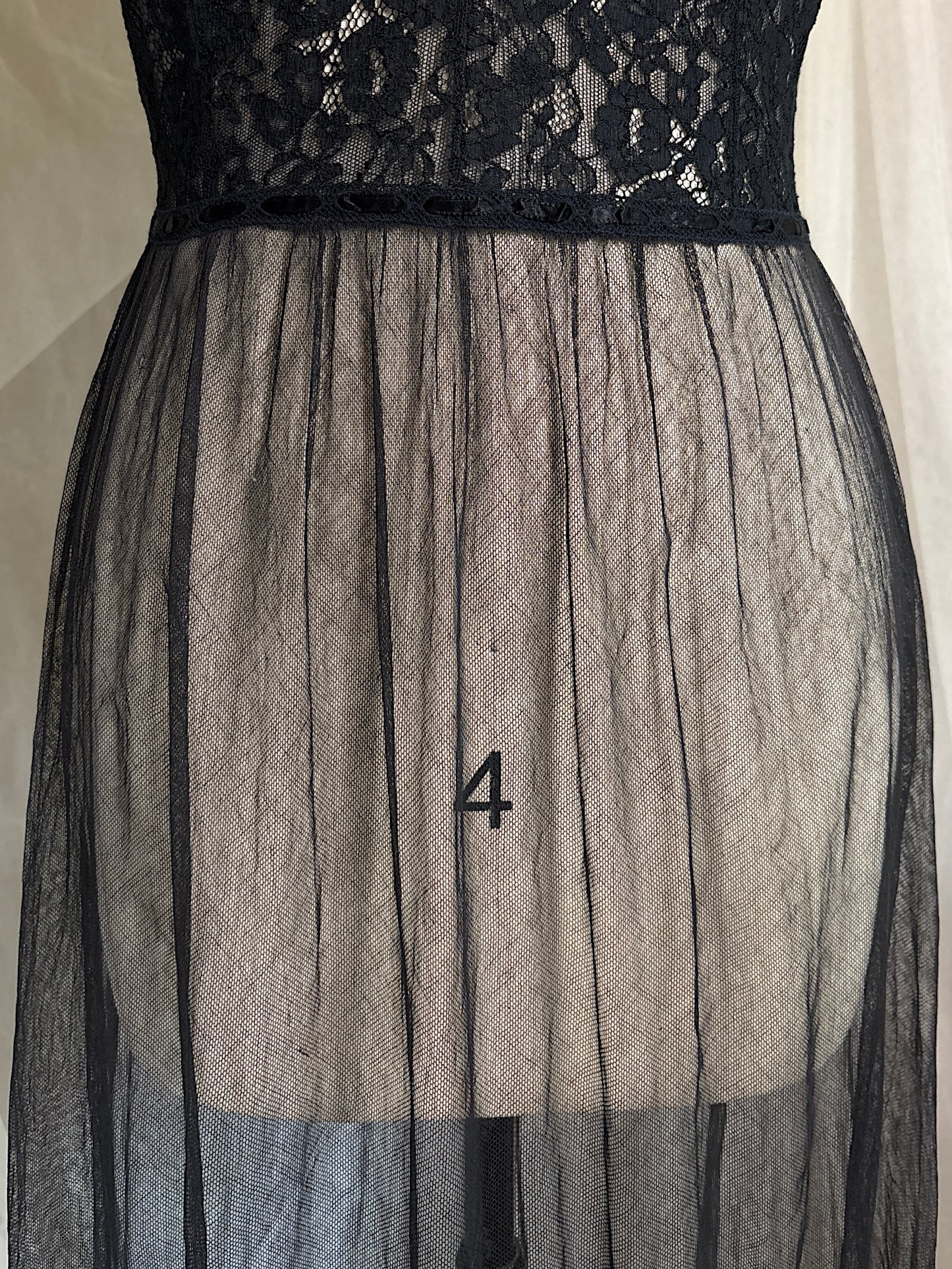 Vintage 1940's Nightgown - Sheer Black Cotton Tulle with Floral Lace & Button Back Closure by Beau Monde | XS, S