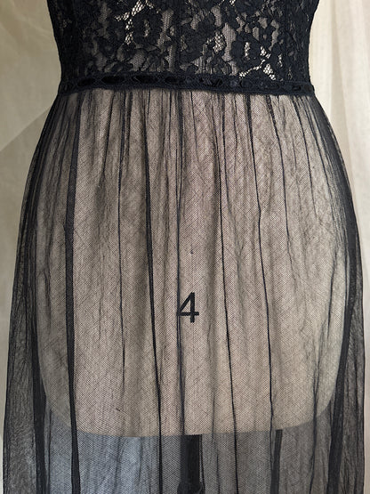 Vintage 1940's Nightgown - Sheer Black Cotton Tulle with Floral Lace & Button Back Closure by Beau Monde | XS, S